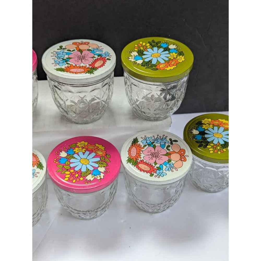 VTG 8 Ball Quilted Crystal Glass Jelly Jars with Metal Flower Lids 1970s